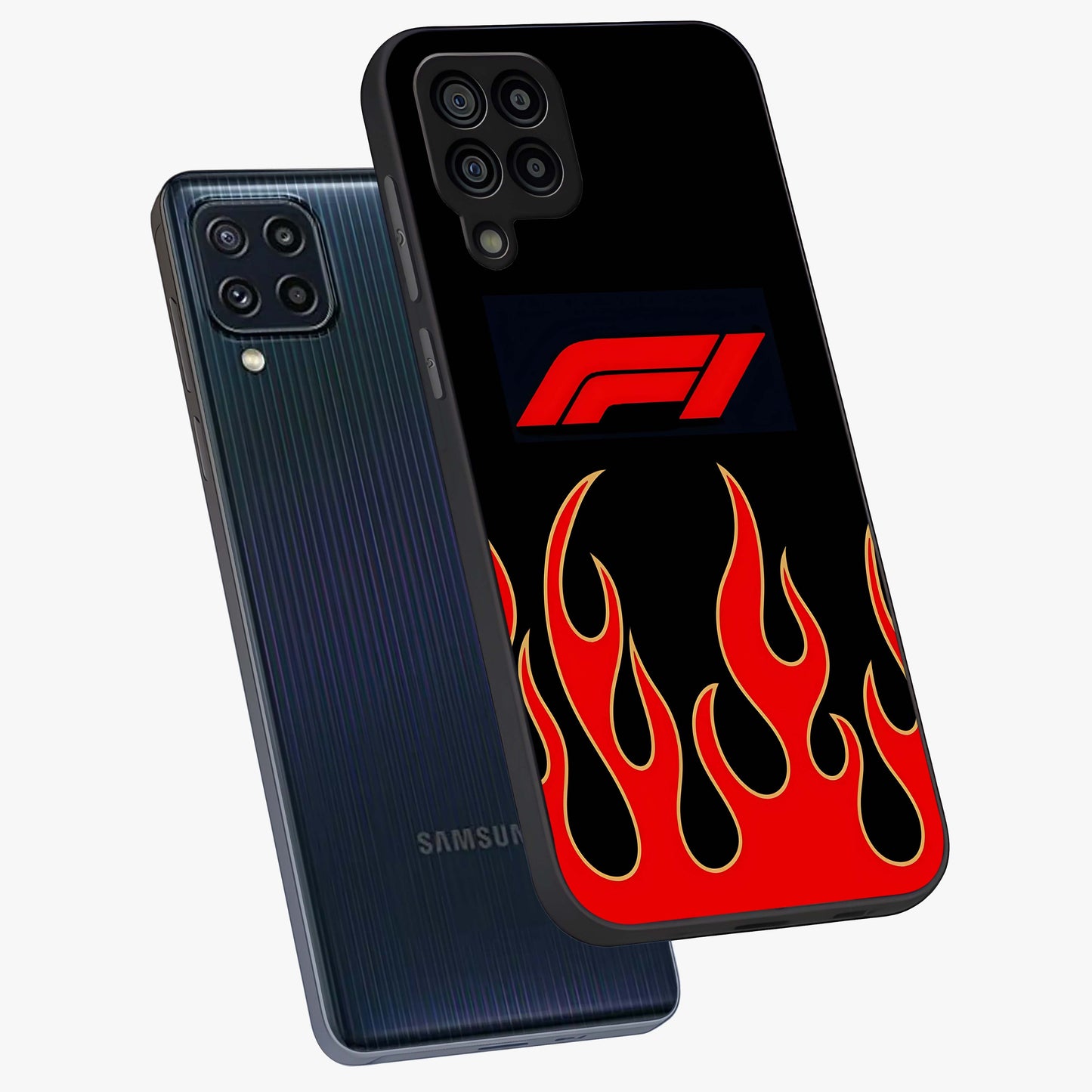 Fire F11 Glass Case displayed in angled mockup highlighting bold fire inspired graphic with energetic aesthetic style.