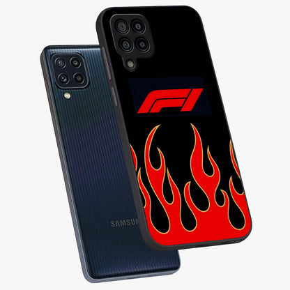 Fire F11 Glass Case displayed in angled mockup highlighting bold fire inspired graphic with energetic aesthetic style.