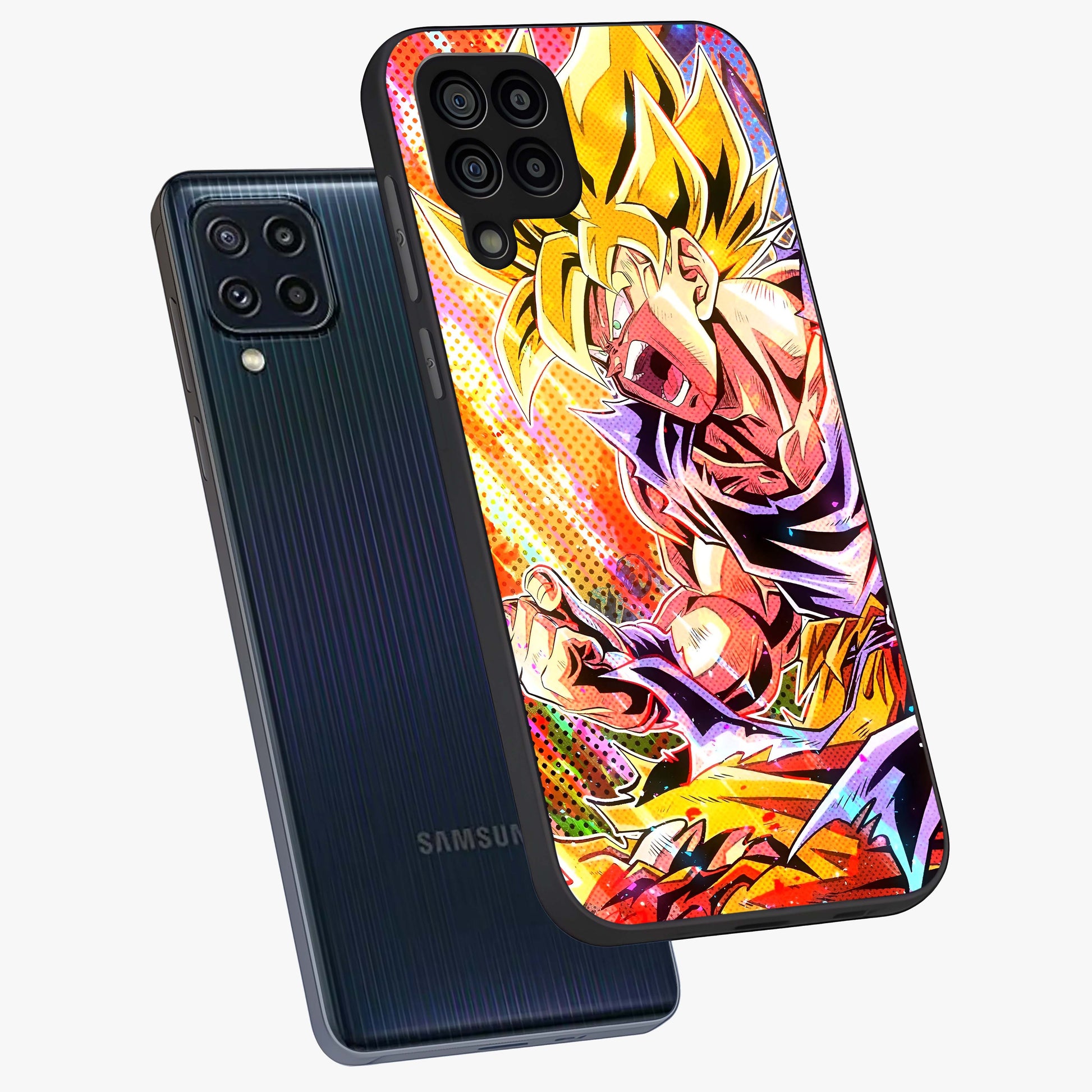 Firing Goku Glass Case displayed in angled mockup highlighting dynamic anime character design with action aesthetic.