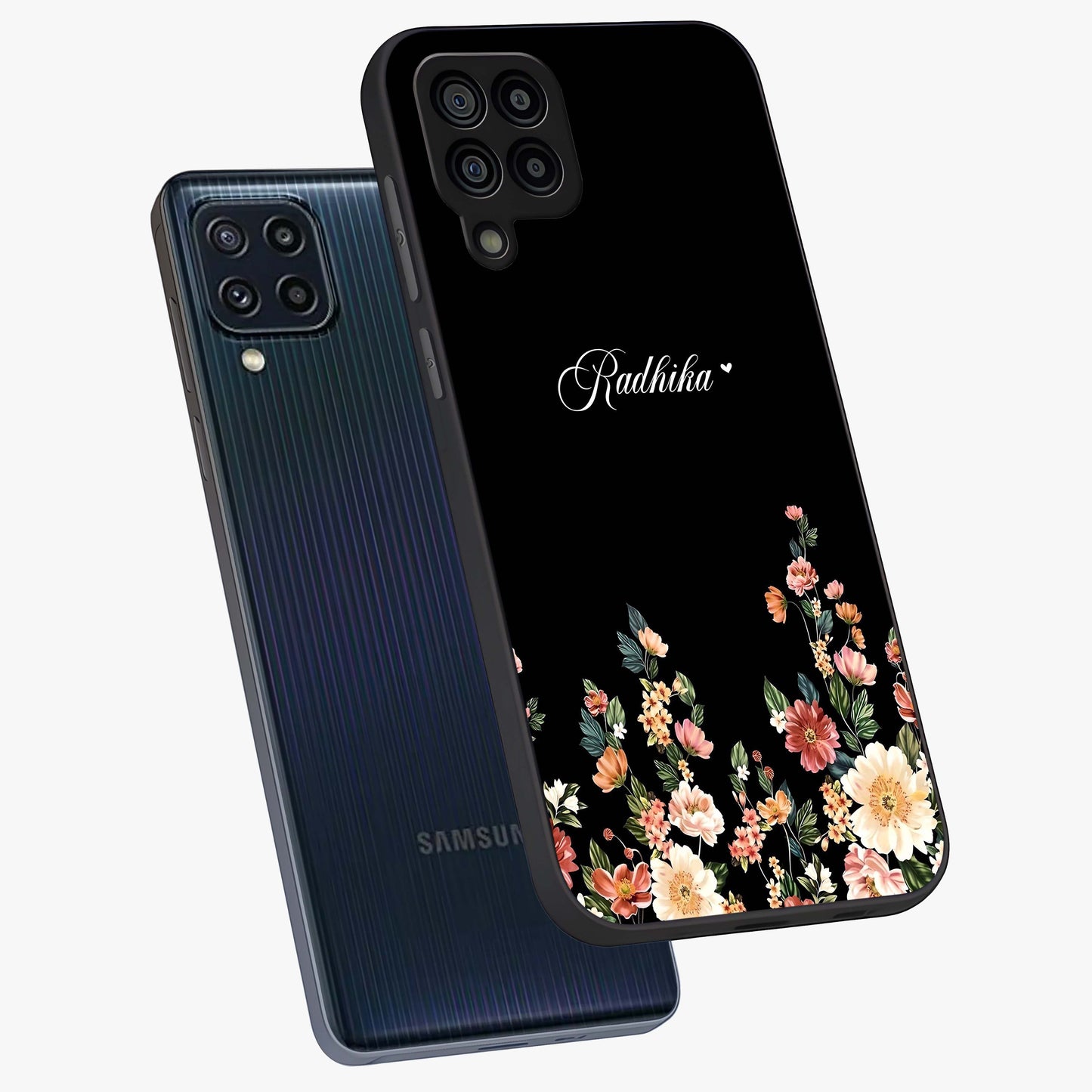 Floral Design With a Custom Personalized Name Glass Case displayed in angled mockup highlighting elegant floral pattern with custom name feature.