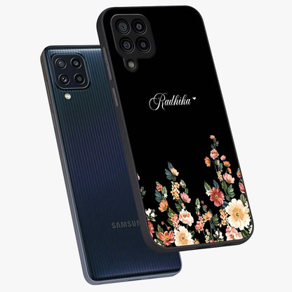 Floral Design With a Custom Personalized Name Glass Case displayed in angled mockup highlighting elegant floral pattern with custom name feature.