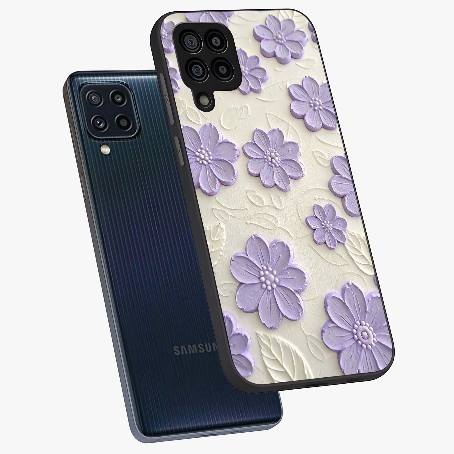 Floral Wall Art With Purple Flowers Glass Case displayed in angled mockup highlighting vibrant purple floral illustration with artistic aesthetic.