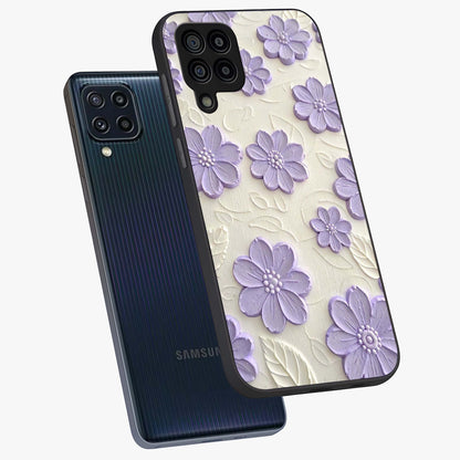 Floral Wall Art With Purple Flowers Glass Case displayed in angled mockup highlighting vibrant purple floral illustration with artistic aesthetic.