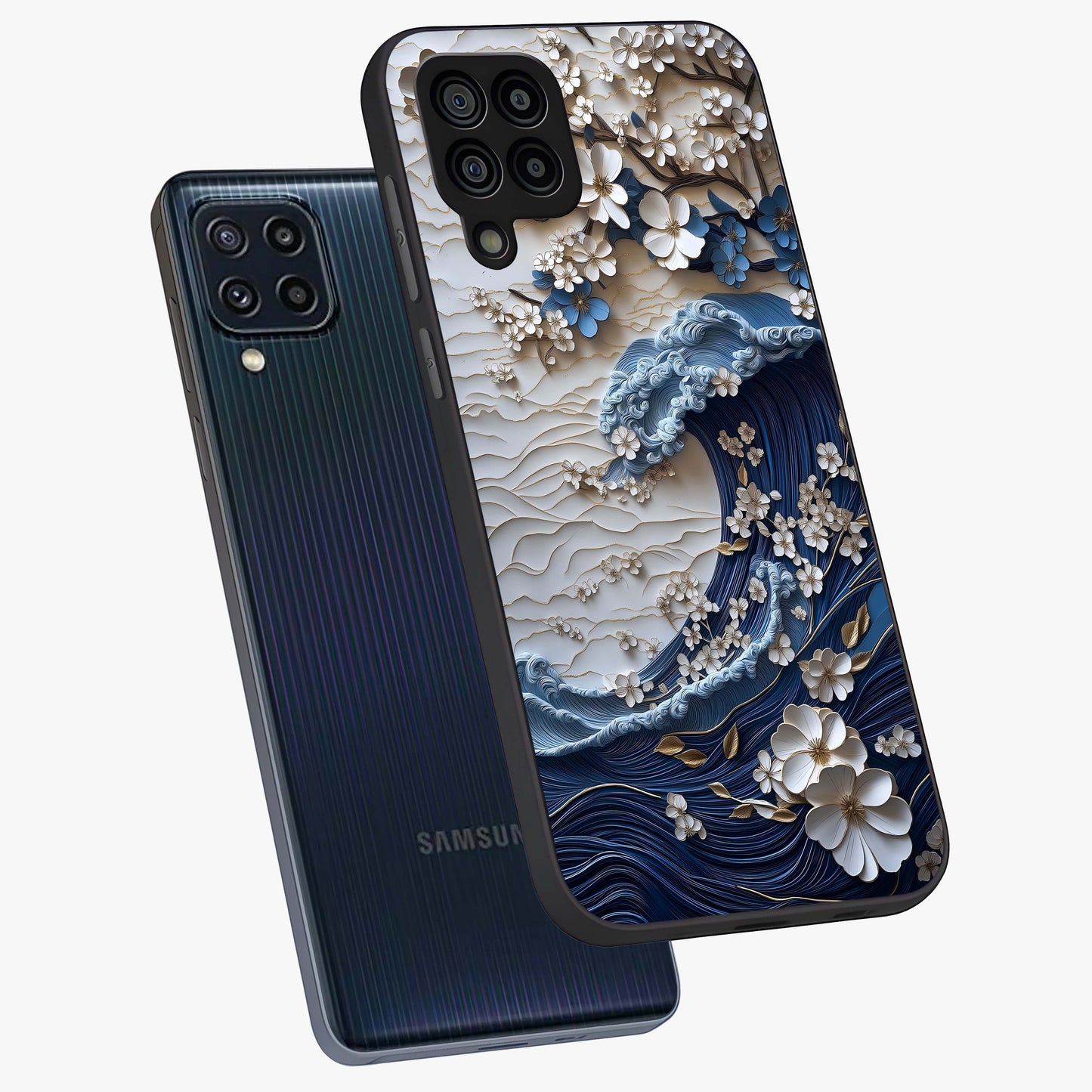 Floral Wave Origami Glass Case displayed in angled mockup highlighting geometric origami flower design with modern aesthetic style.