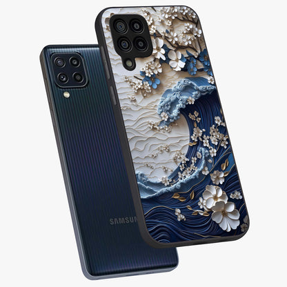 Floral Wave Origami Glass Case displayed in angled mockup highlighting geometric origami flower design with modern aesthetic style.