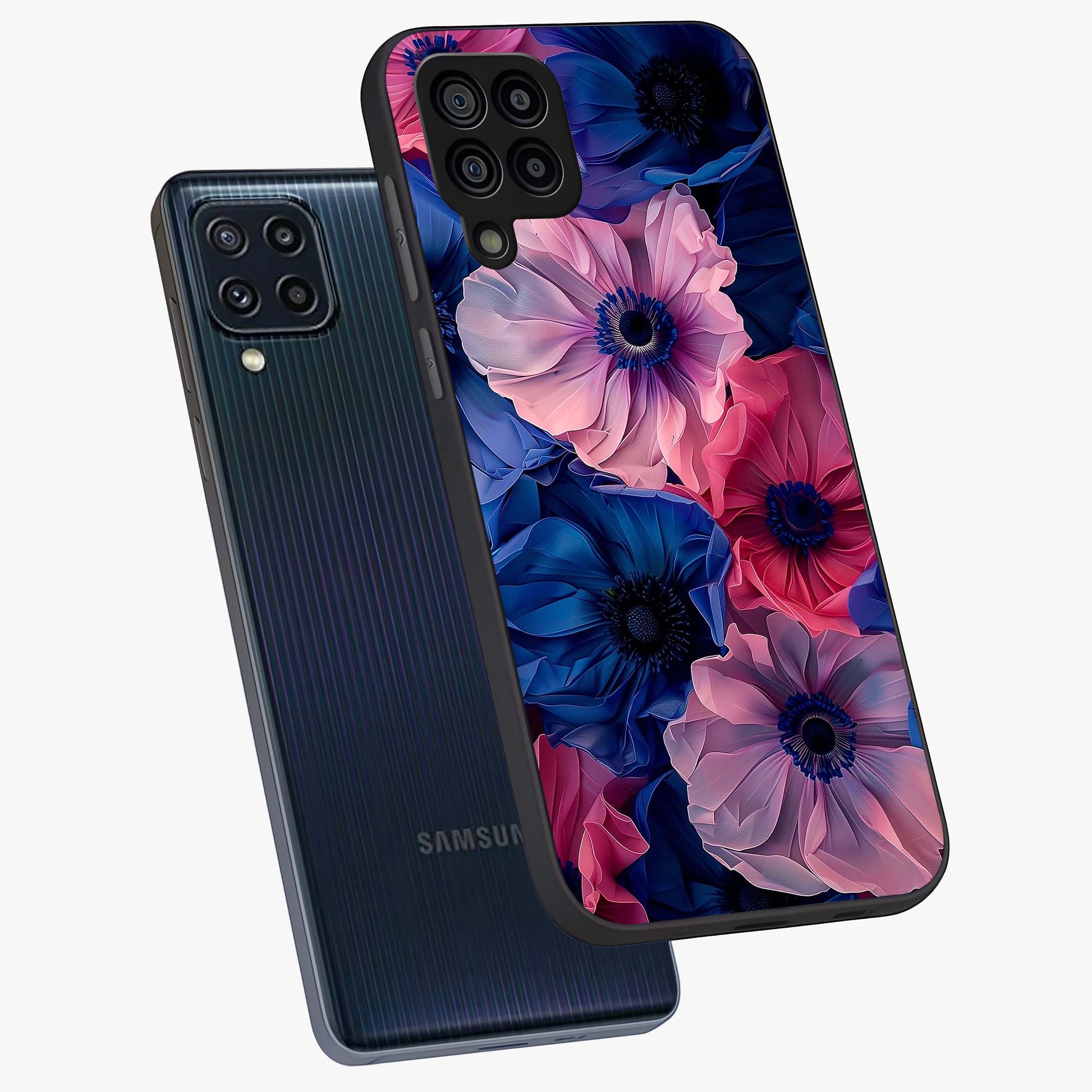 Flower Paper Art Pattern Glass Case displayed in angled mockup highlighting layered paper flower design with artistic aesthetic.