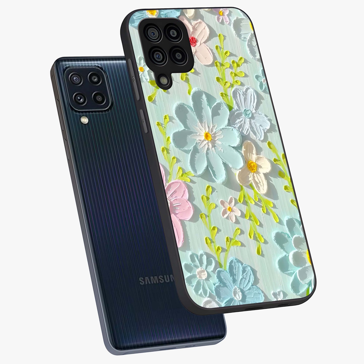 Frosted Petal Garden Glass Case displayed in angled mockup highlighting delicate flower petal design with calm garden aesthetic.