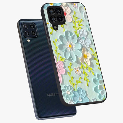 Frosted Petal Garden Glass Case displayed in angled mockup highlighting delicate flower petal design with calm garden aesthetic.