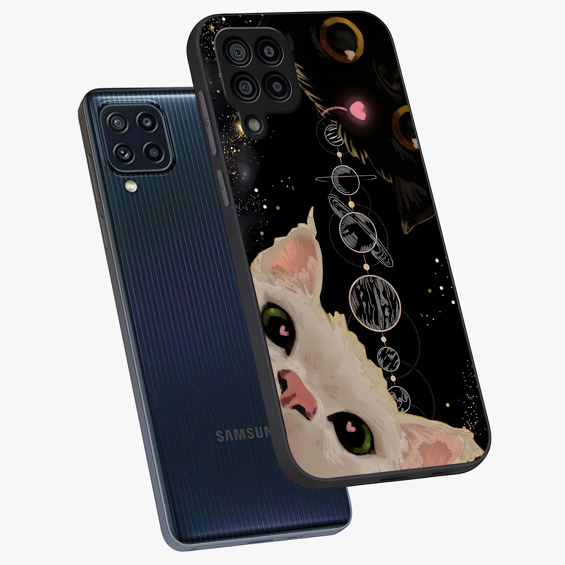 Galactic Cat Glass Case displayed in angled mockup highlighting celestial feline illustration with galaxy aesthetic style.