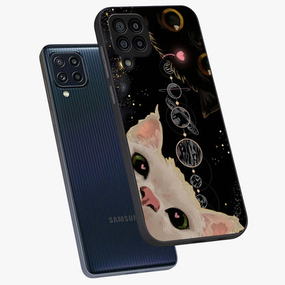 Galactic Cat Glass Case displayed in angled mockup highlighting celestial feline illustration with galaxy aesthetic style.