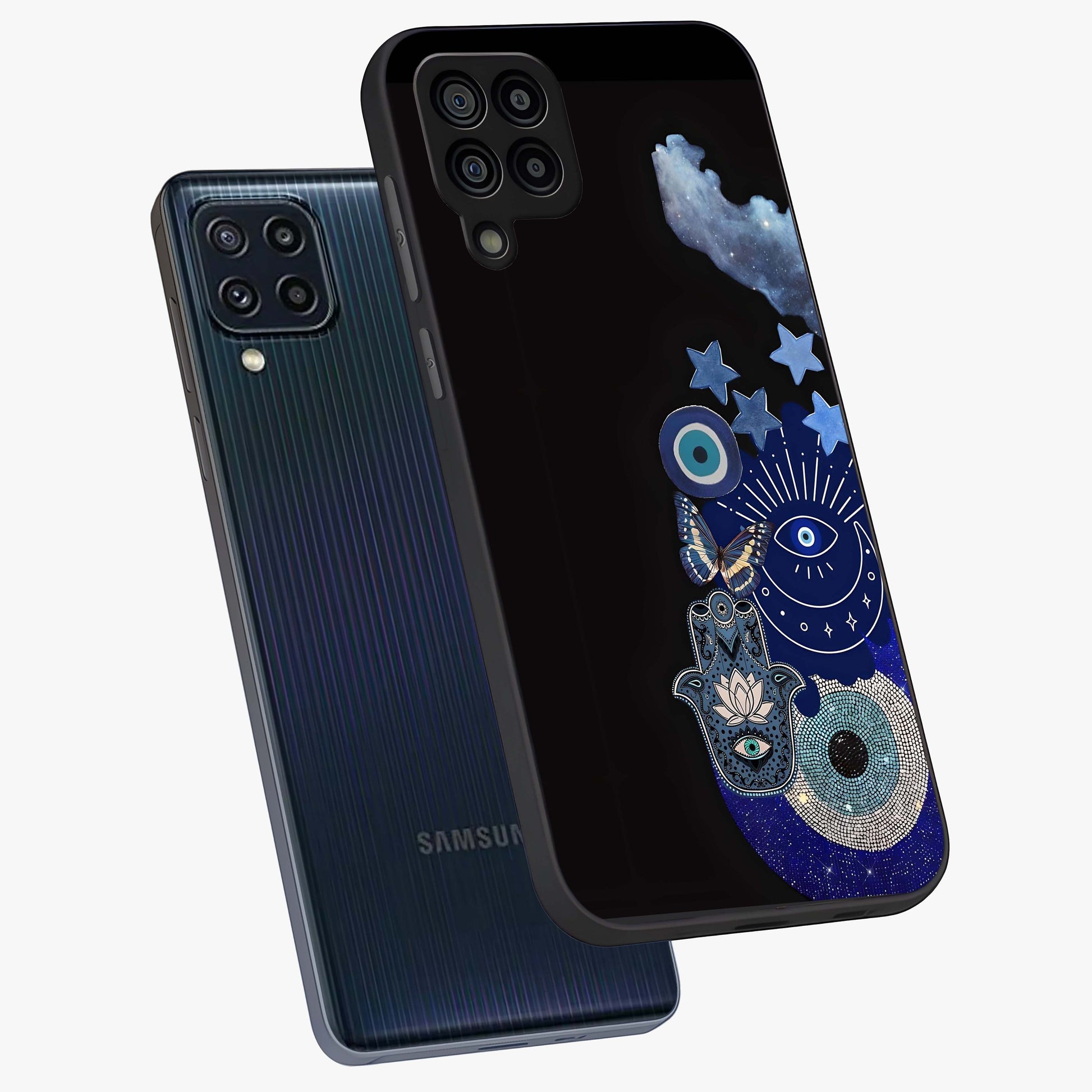 Galactic Charm Cluster Glass Case displayed in angled mockup highlighting luminous galaxy inspired design with dreamy aesthetic.