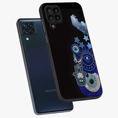 Galactic Charm Cluster Glass Case displayed in angled mockup highlighting luminous galaxy inspired design with dreamy aesthetic.