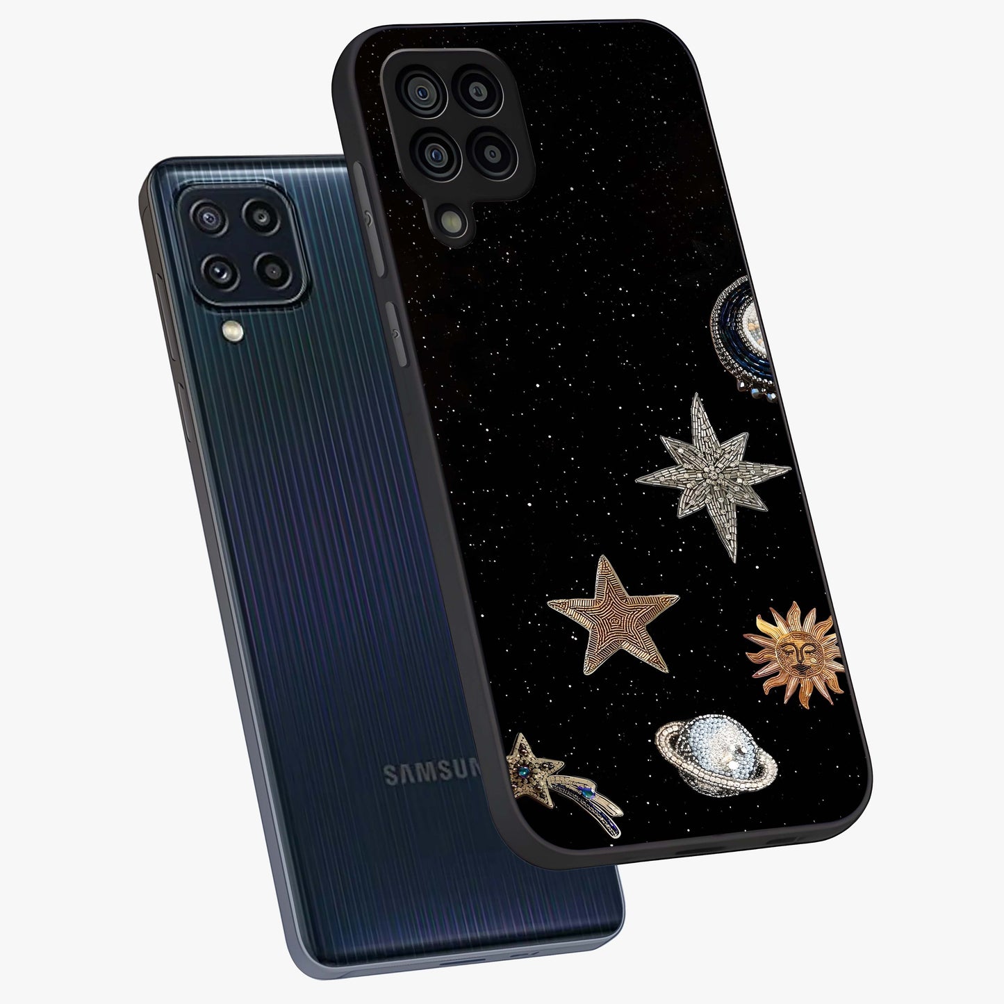 Galactic Charm Glow Glass Case displayed in angled mockup highlighting luminous galaxy inspired design with dreamy aesthetic.
