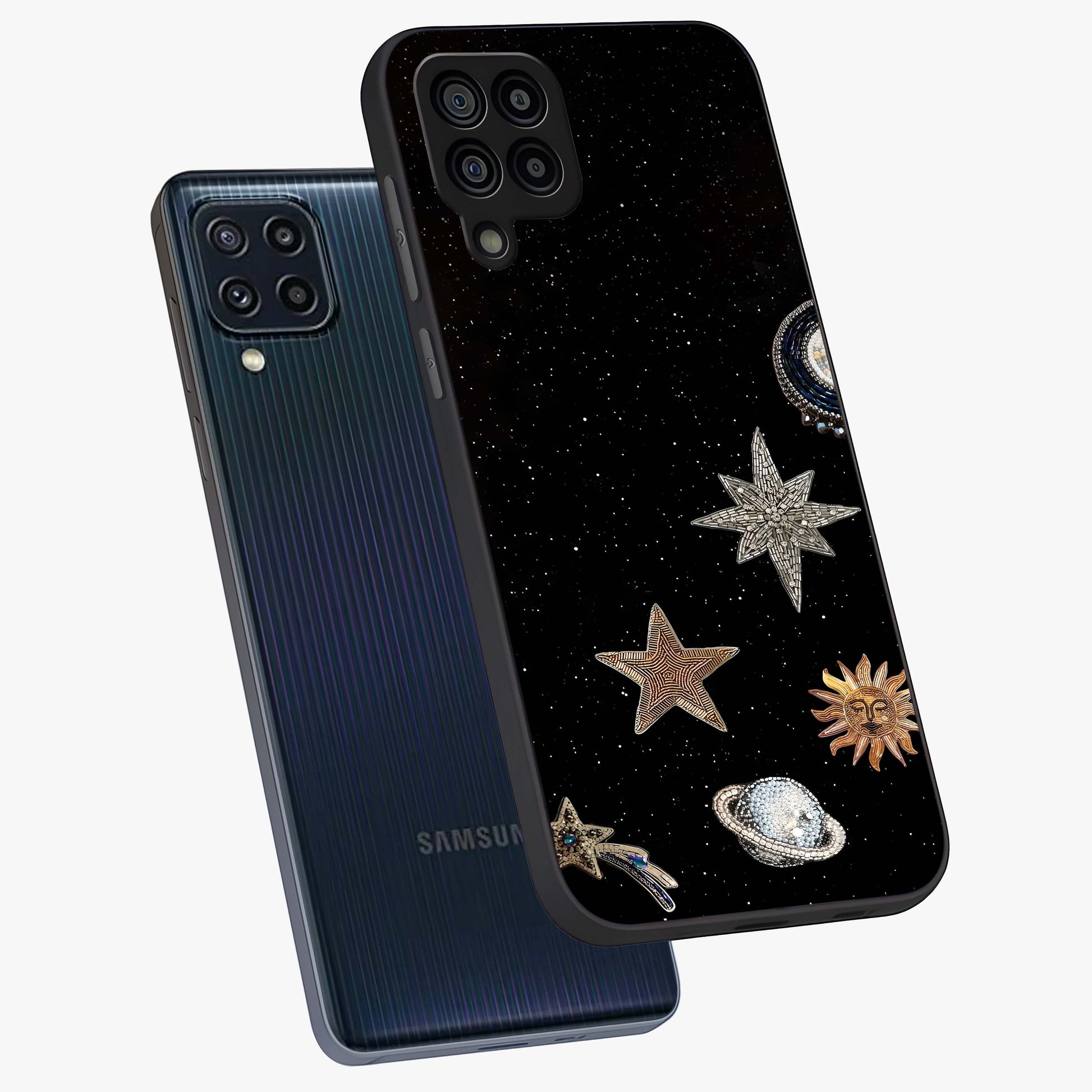 Galactic Charm Glow Glass Case displayed in angled mockup highlighting luminous galaxy inspired design with dreamy aesthetic.