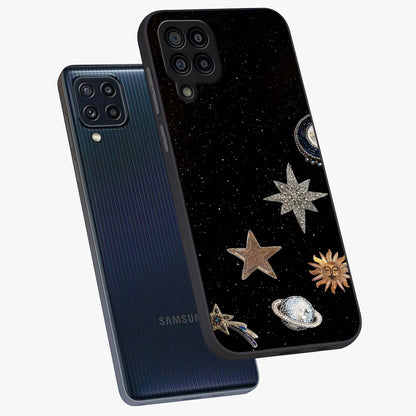 Galactic Charm Glow Glass Case displayed in angled mockup highlighting luminous galaxy inspired design with dreamy aesthetic.