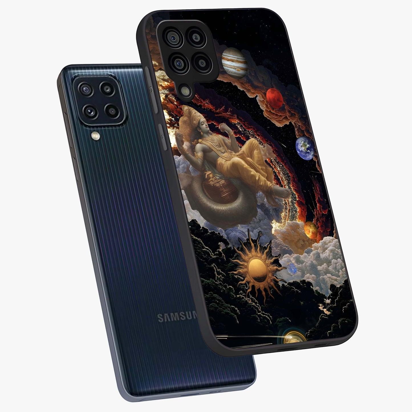 Galactic Divine God Glass Case displayed in angled mockup highlighting powerful celestial deity illustration with galactic aesthetic.