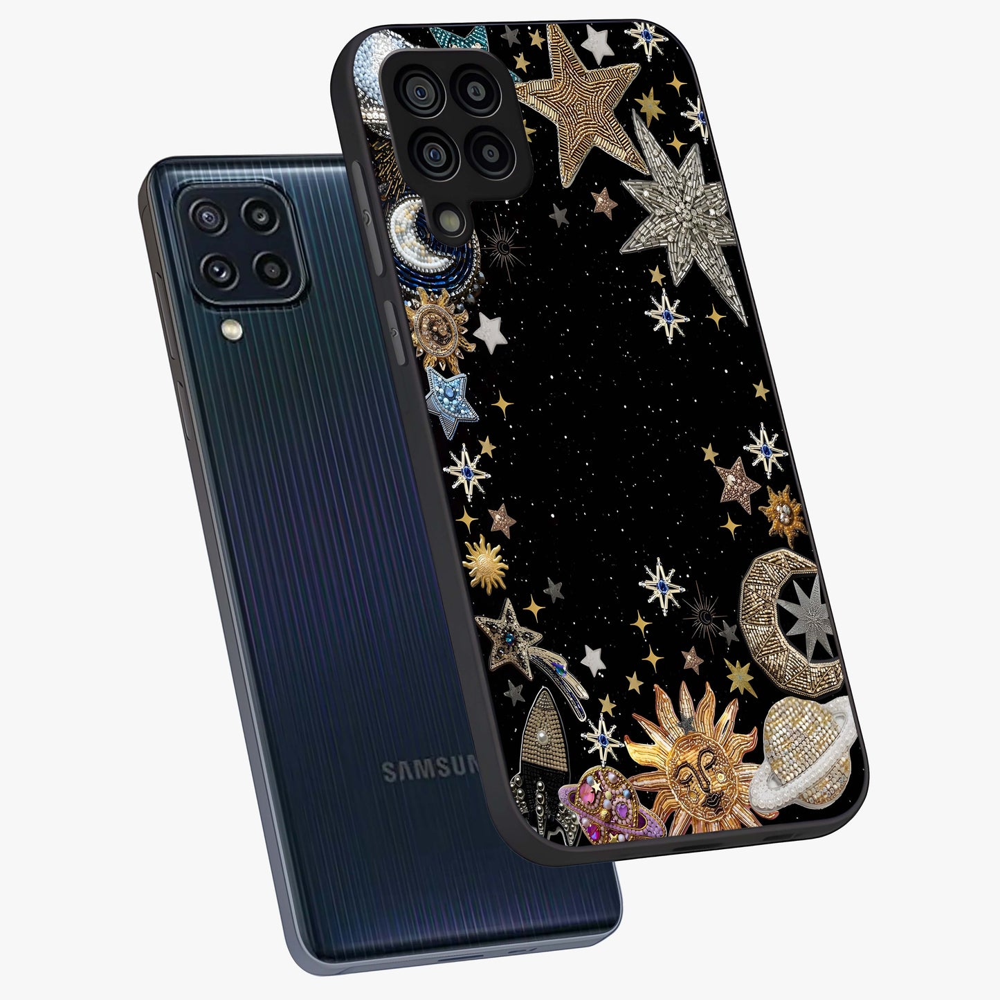 Galactic Jewel Stars Glass Case displayed in angled mockup highlighting shining celestial star design with cosmic aesthetic style.
