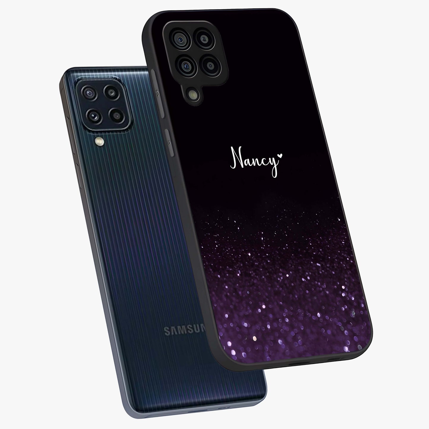 Glittery Purple Bokeh Custom Name Glass Case displayed in angled mockup highlighting glitter bokeh pattern with custom name feature.