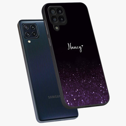 Glittery Purple Bokeh Custom Name Glass Case displayed in angled mockup highlighting glitter bokeh pattern with custom name feature.