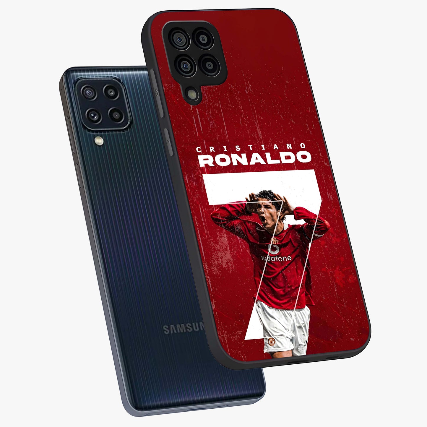 Goal Celebration Legacy Glass Case displayed in angled mockup highlighting energetic sports celebration design with bold athletic theme.