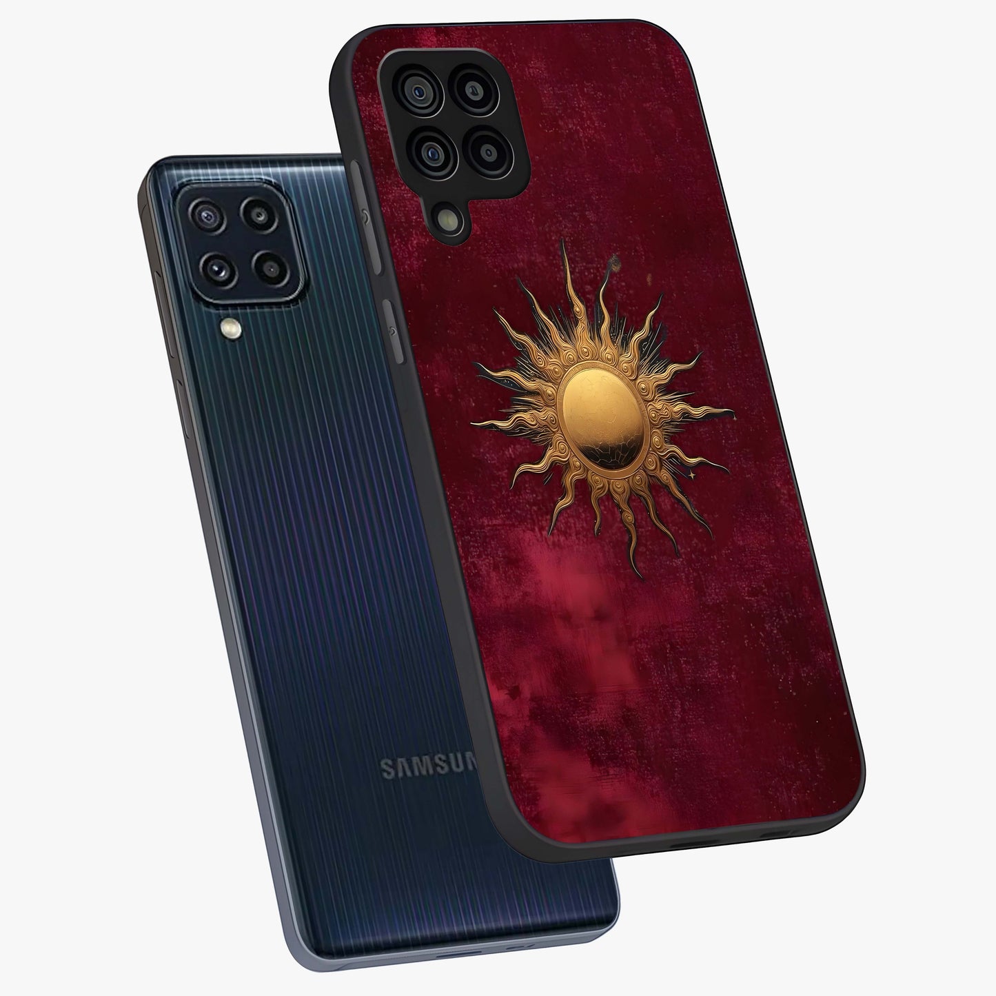 Golden Sun Minimalism Glass Case displayed in angled mockup highlighting clean sun symbol design with modern minimal aesthetic.