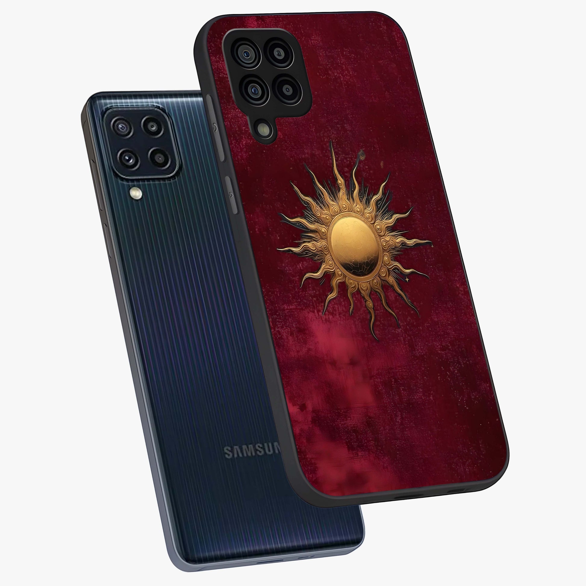 Golden Sun Minimalism Glass Case displayed in angled mockup highlighting clean sun symbol design with modern minimal aesthetic.