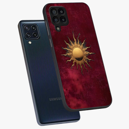 Golden Sun Minimalism Glass Case displayed in angled mockup highlighting clean sun symbol design with modern minimal aesthetic.
