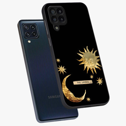 Gold Sun Blush Glass Case displayed in angled mockup highlighting radiant sun design with warm golden aesthetic.