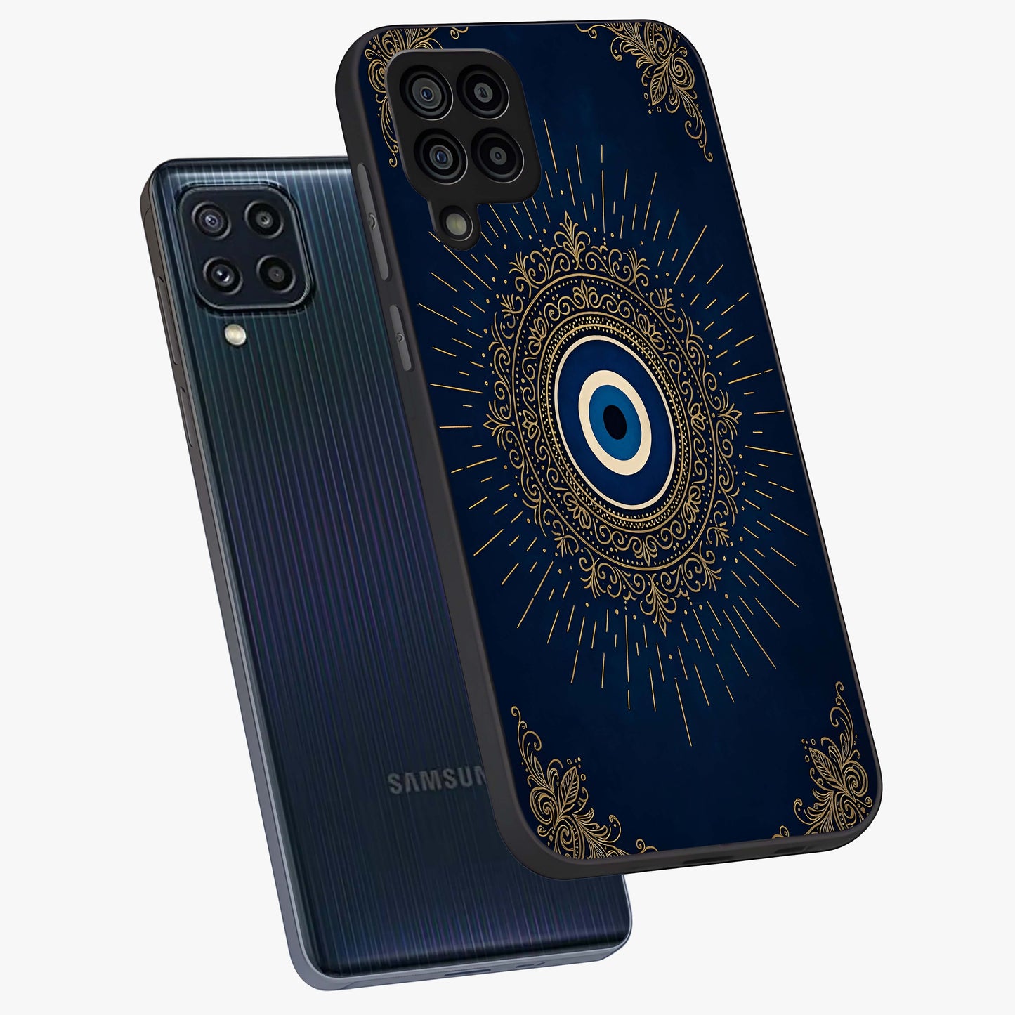 Golden Celestial Charm Glass Case displayed in angled mockup highlighting sparkling cosmic charm design with celestial aesthetic.