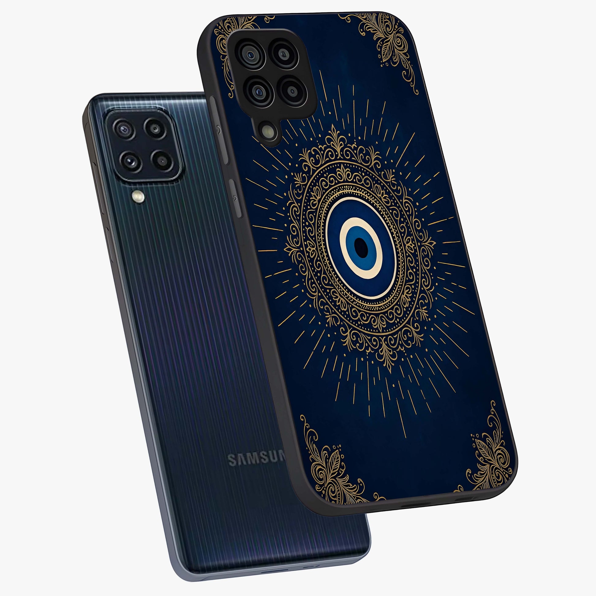 Golden Celestial Charm Glass Case displayed in angled mockup highlighting sparkling cosmic charm design with celestial aesthetic.