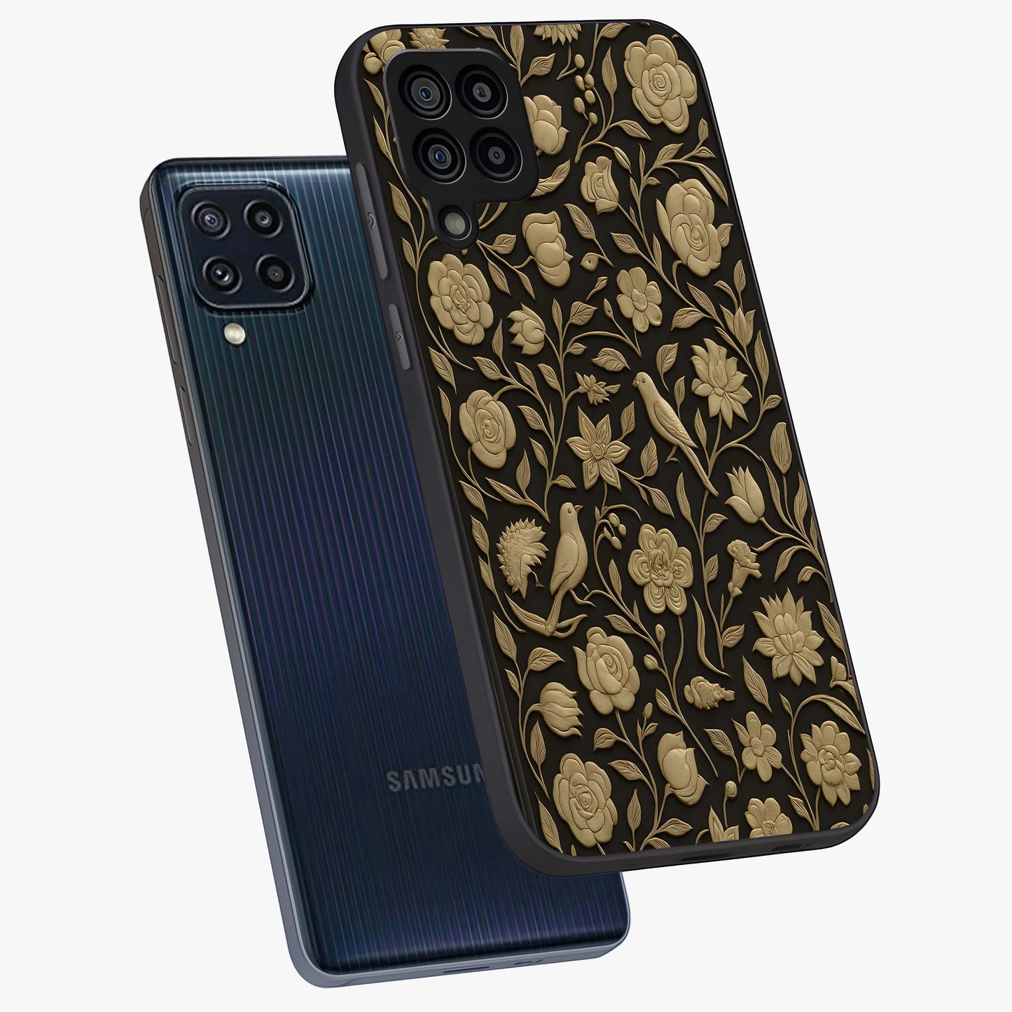 Golden Evil Eye Mandala Glass Case displayed in angled mockup highlighting protective evil eye symbol with golden mandala design.