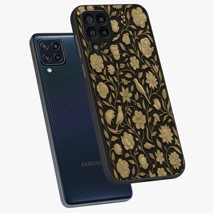 Golden Evil Eye Mandala Glass Case displayed in angled mockup highlighting protective evil eye symbol with golden mandala design.
