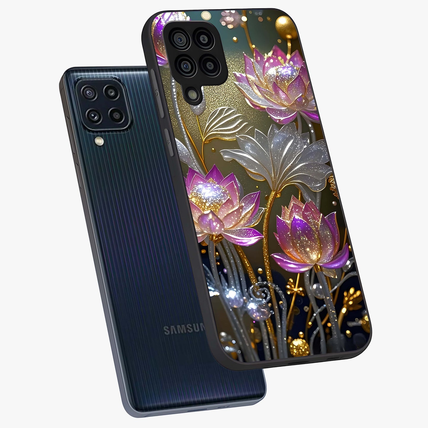 Golden Floral Majesty Glass Case displayed in angled mockup highlighting elegant flower design with royal golden aesthetic.