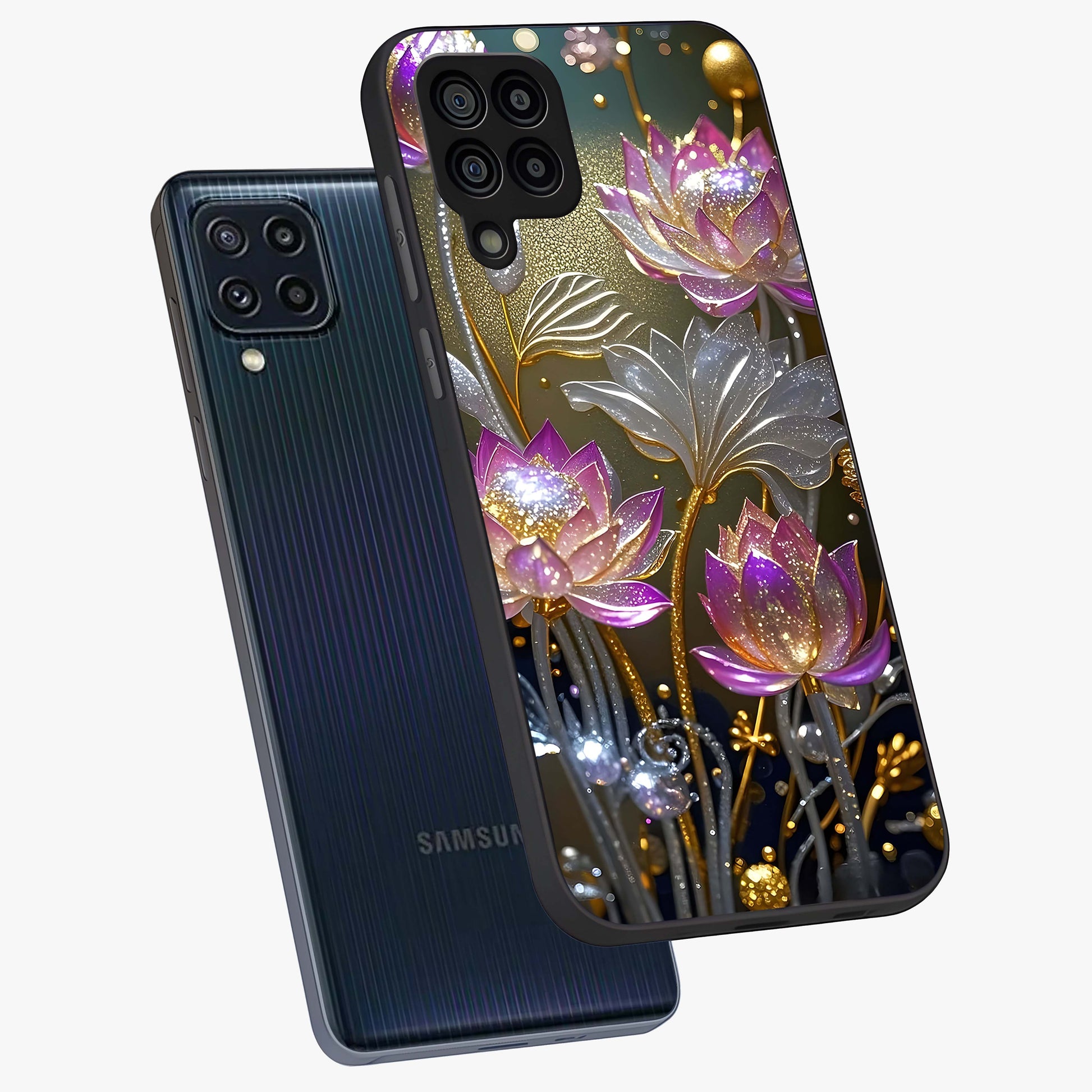 Golden Floral Majesty Glass Case displayed in angled mockup highlighting elegant flower design with royal golden aesthetic.