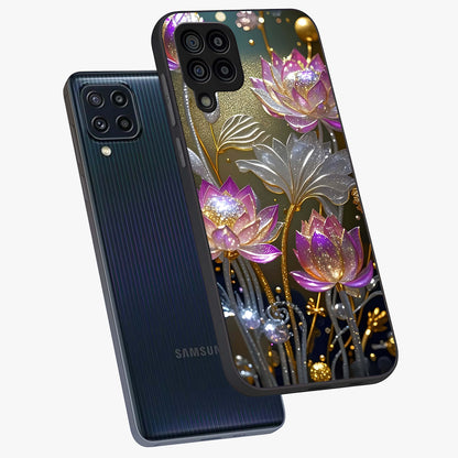 Golden Floral Majesty Glass Case displayed in angled mockup highlighting elegant flower design with royal golden aesthetic.