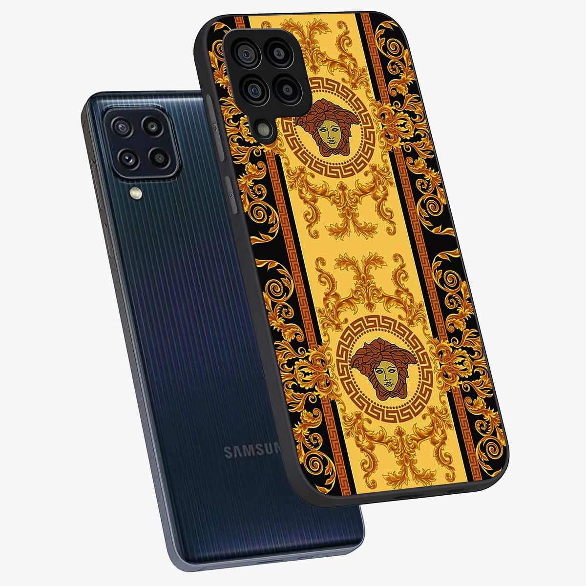 Golden Lotus Glow Glass Case displayed in angled mockup highlighting radiant lotus illustration with spiritual aesthetic.