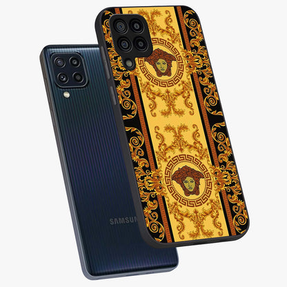 Golden Lotus Glow Glass Case displayed in angled mockup highlighting radiant lotus illustration with spiritual aesthetic.