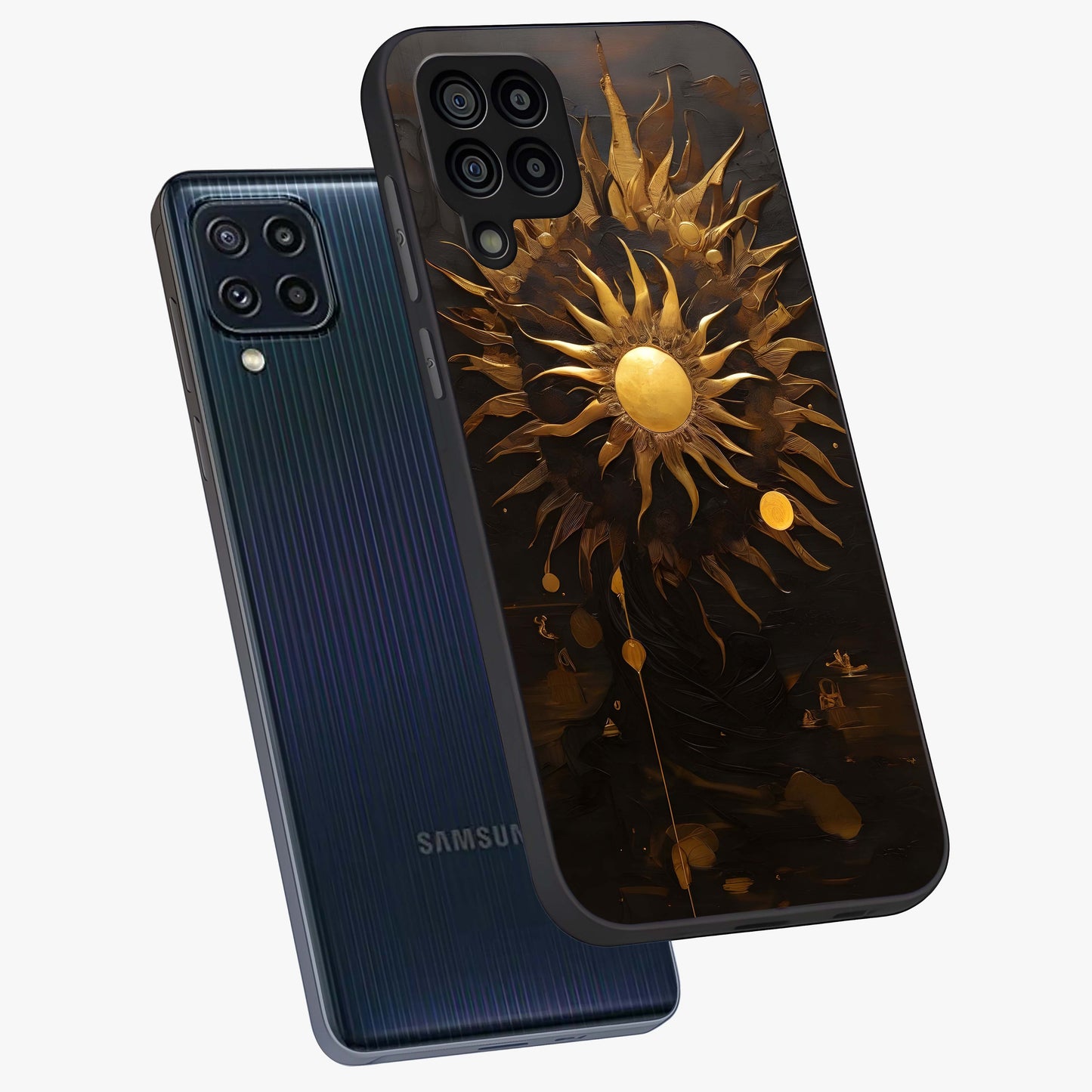 Golden Sun Majesty Glass Case displayed in angled mockup highlighting eerie shadow illustration with gothic aesthetic.