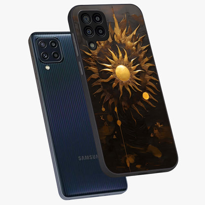 Golden Sun Majesty Glass Case displayed in angled mockup highlighting eerie shadow illustration with gothic aesthetic.