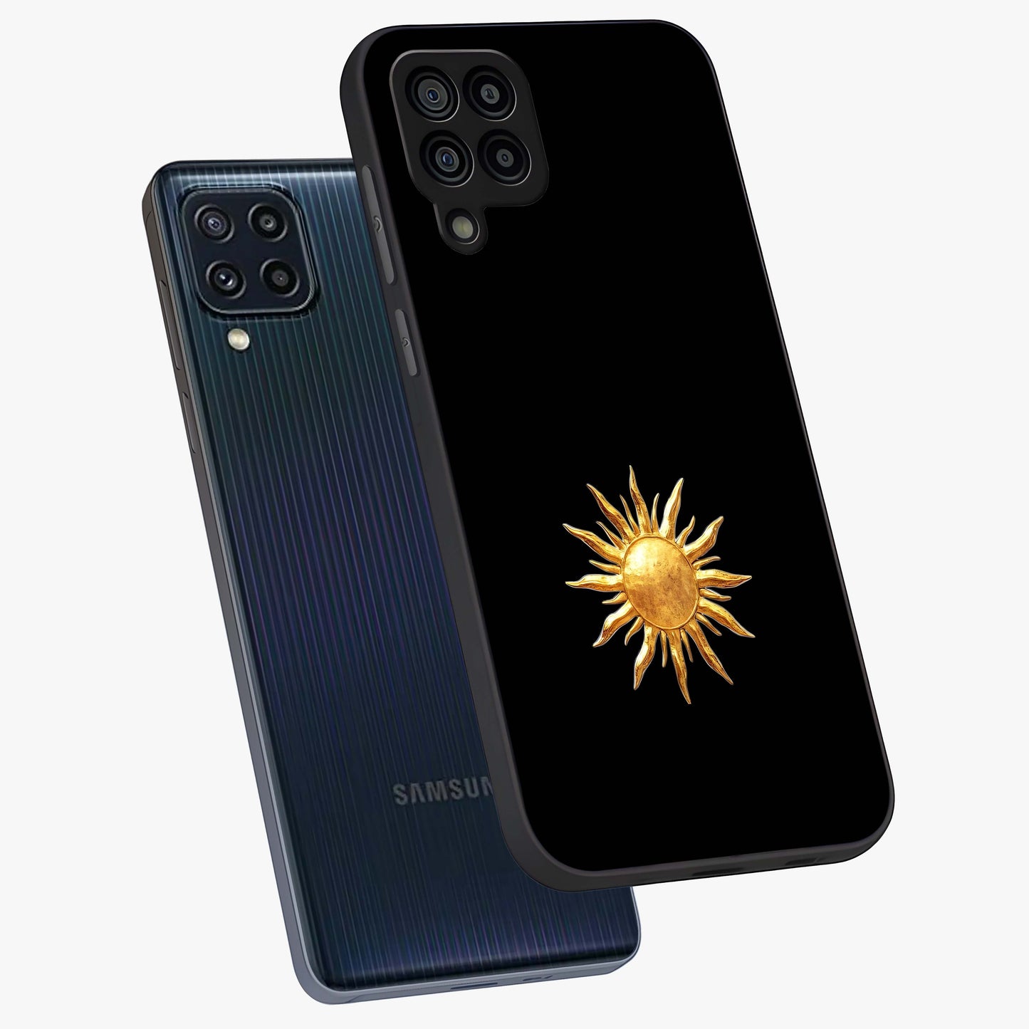 Golden Sun Minimalism Glass Case displayed in angled mockup highlighting eerie shadow illustration with gothic aesthetic.