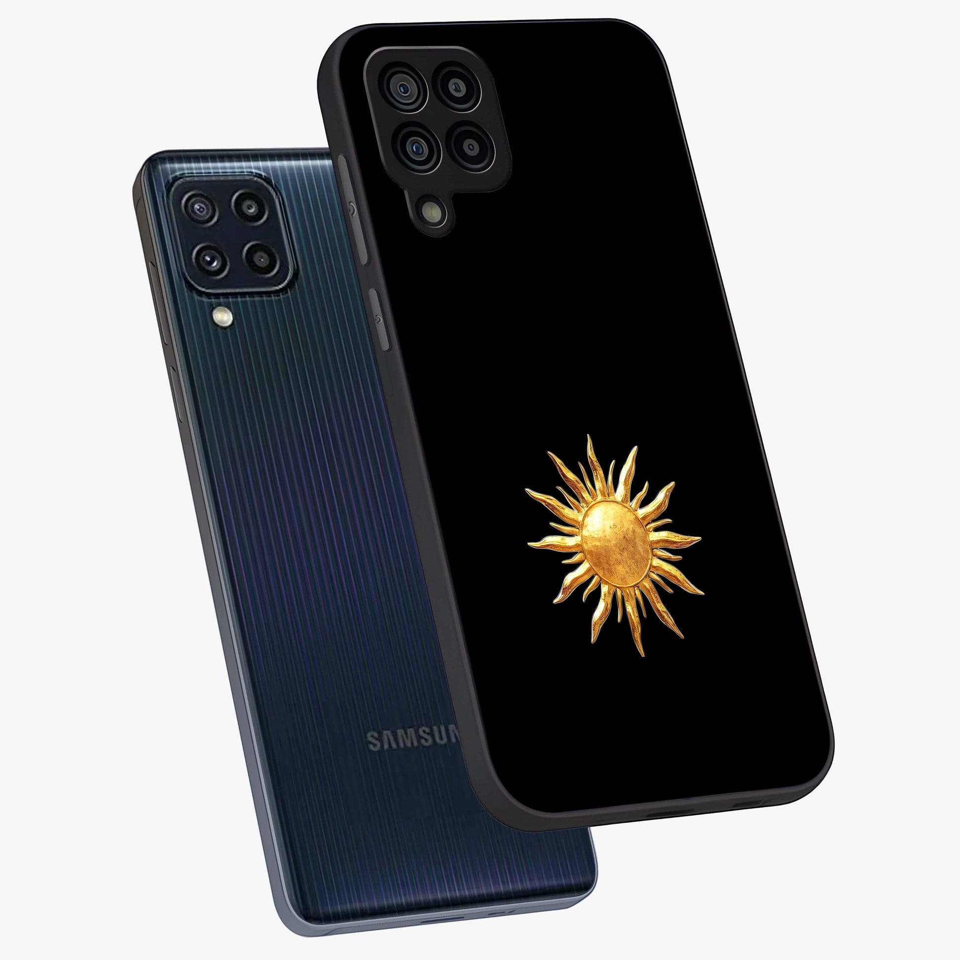 Golden Sun Minimalism Glass Case displayed in angled mockup highlighting eerie shadow illustration with gothic aesthetic.