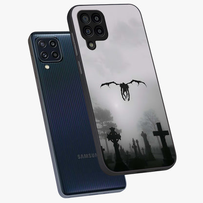 Graveyard Shadow Descent Glass Case displayed in angled mockup highlighting eerie shadow illustration with gothic aesthetic.