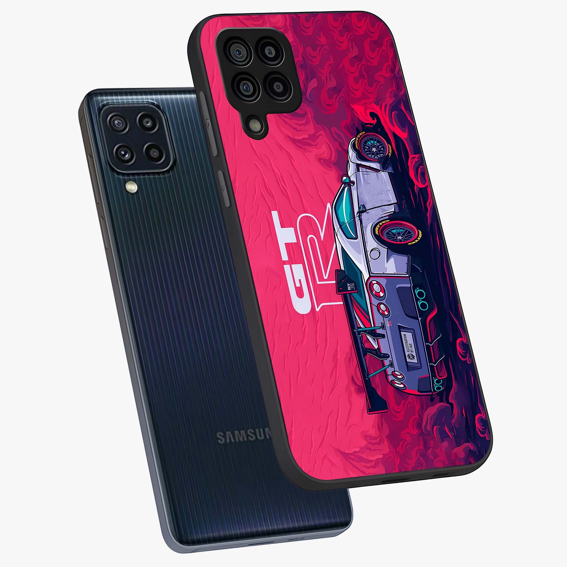 GT-R Car Pattern Glass Case displayed in angled mockup highlighting racing car graphic design with bold automotive aesthetic.