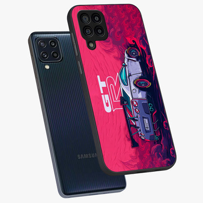 GT-R Car Pattern Glass Case displayed in angled mockup highlighting racing car graphic design with bold automotive aesthetic.