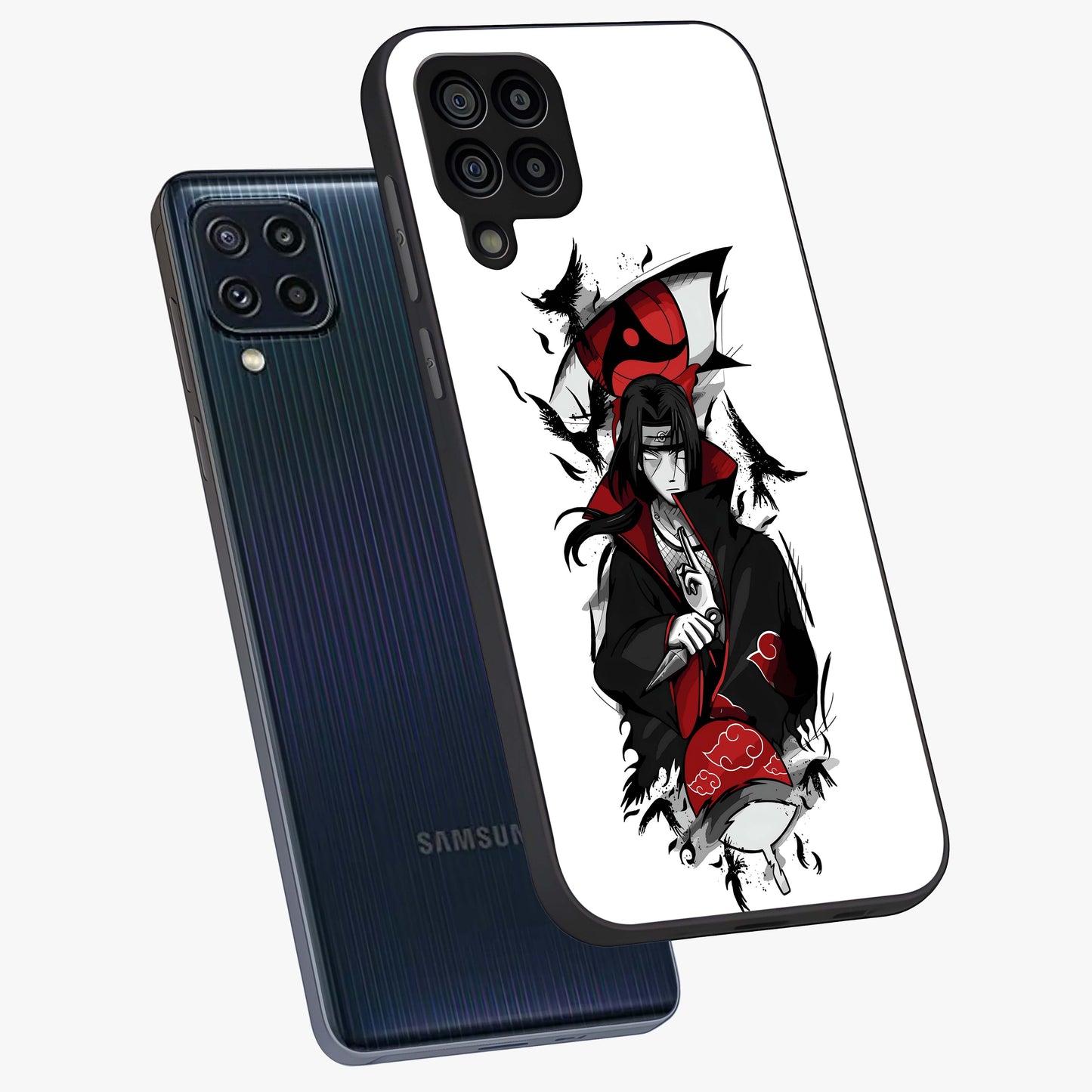 Itachi Limited Edition Naruto Anime Glass Case displayed in angled mockup highlighting dramatic anime illustration with bold action aesthetic.