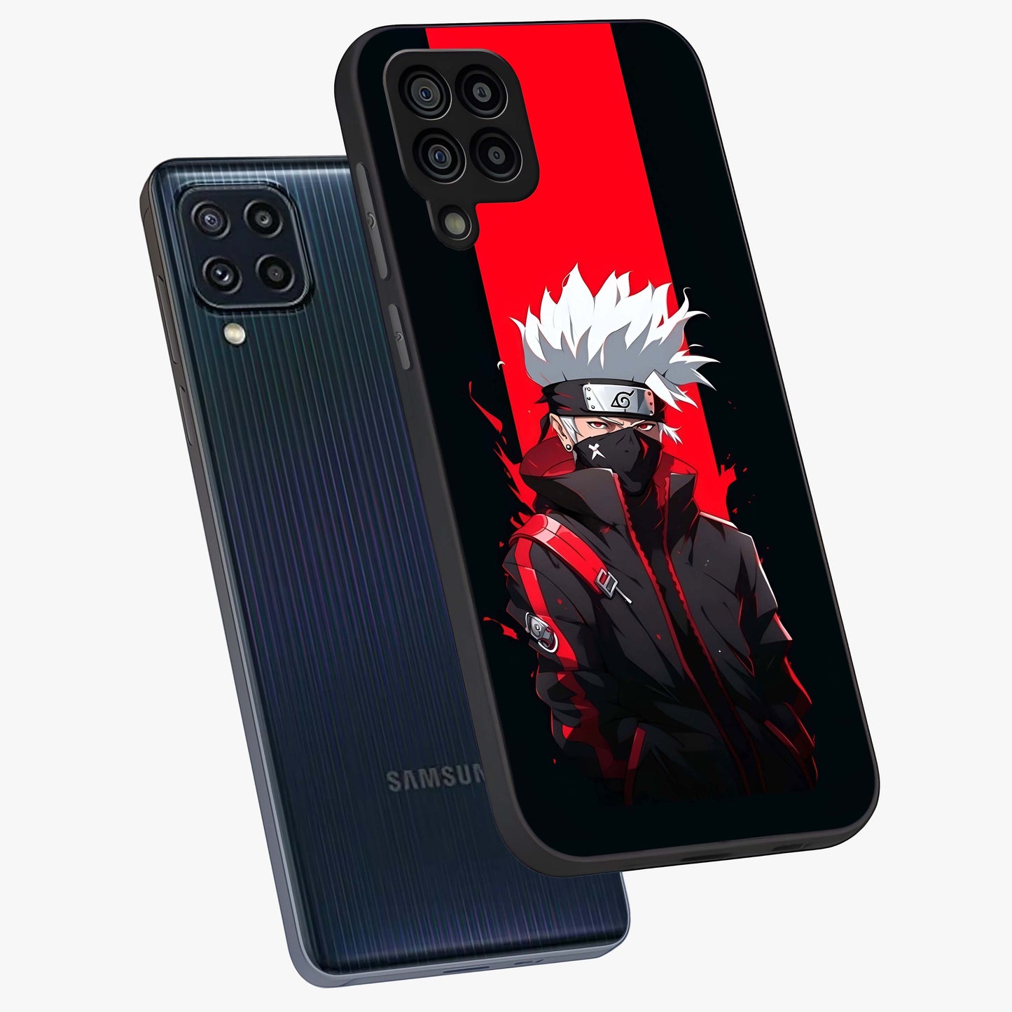 Kakashi Scarlet Shadow Glass Case displayed in angled mockup highlighting dramatic ninja illustration with scarlet themed aesthetic.