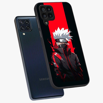 Kakashi Scarlet Shadow Glass Case displayed in angled mockup highlighting dramatic ninja illustration with scarlet themed aesthetic.