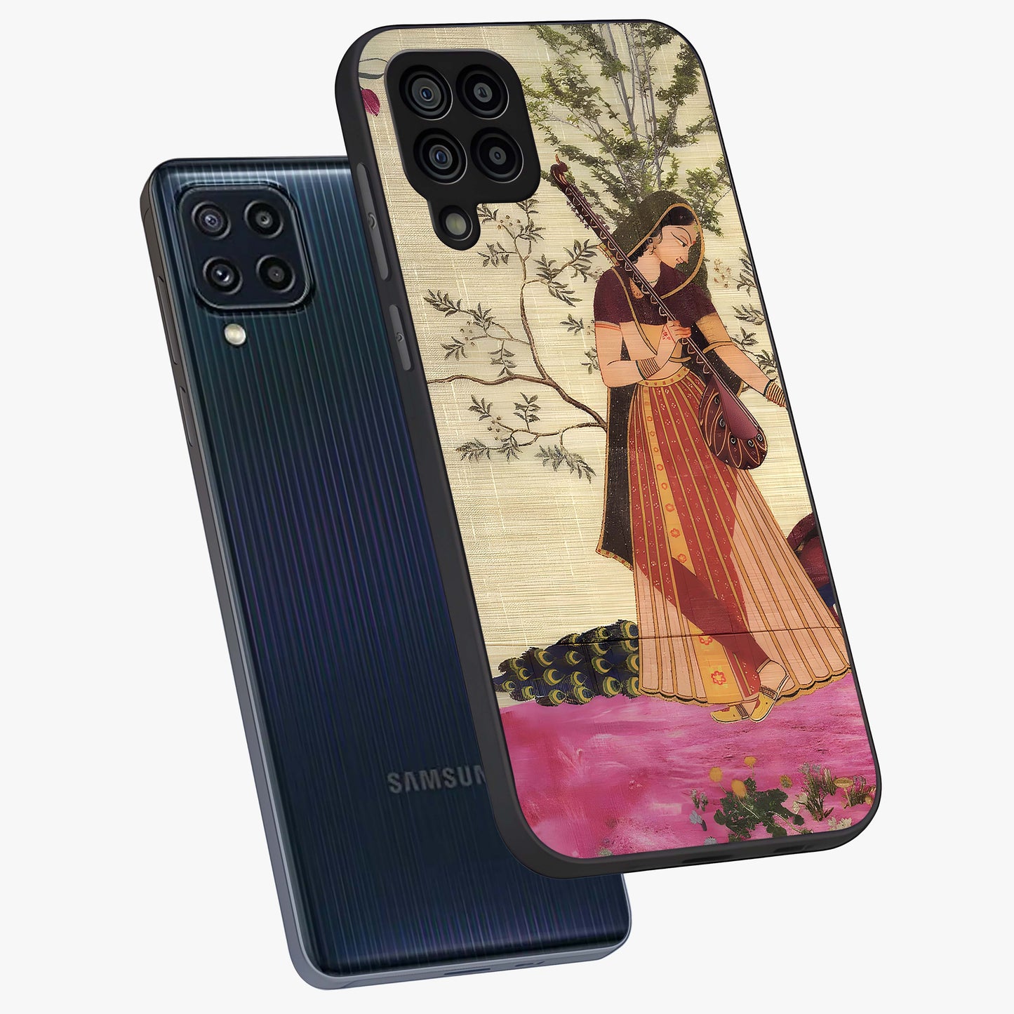 Lady With Veena Art Glass Case displayed in angled mockup highlighting graceful musical illustration with cultural artistic aesthetic.