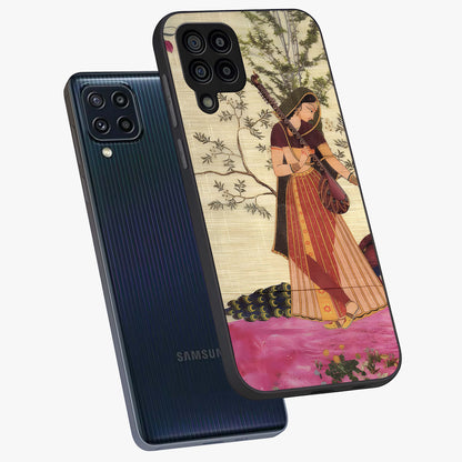 Lady With Veena Art Glass Case displayed in angled mockup highlighting graceful musical illustration with cultural artistic aesthetic.