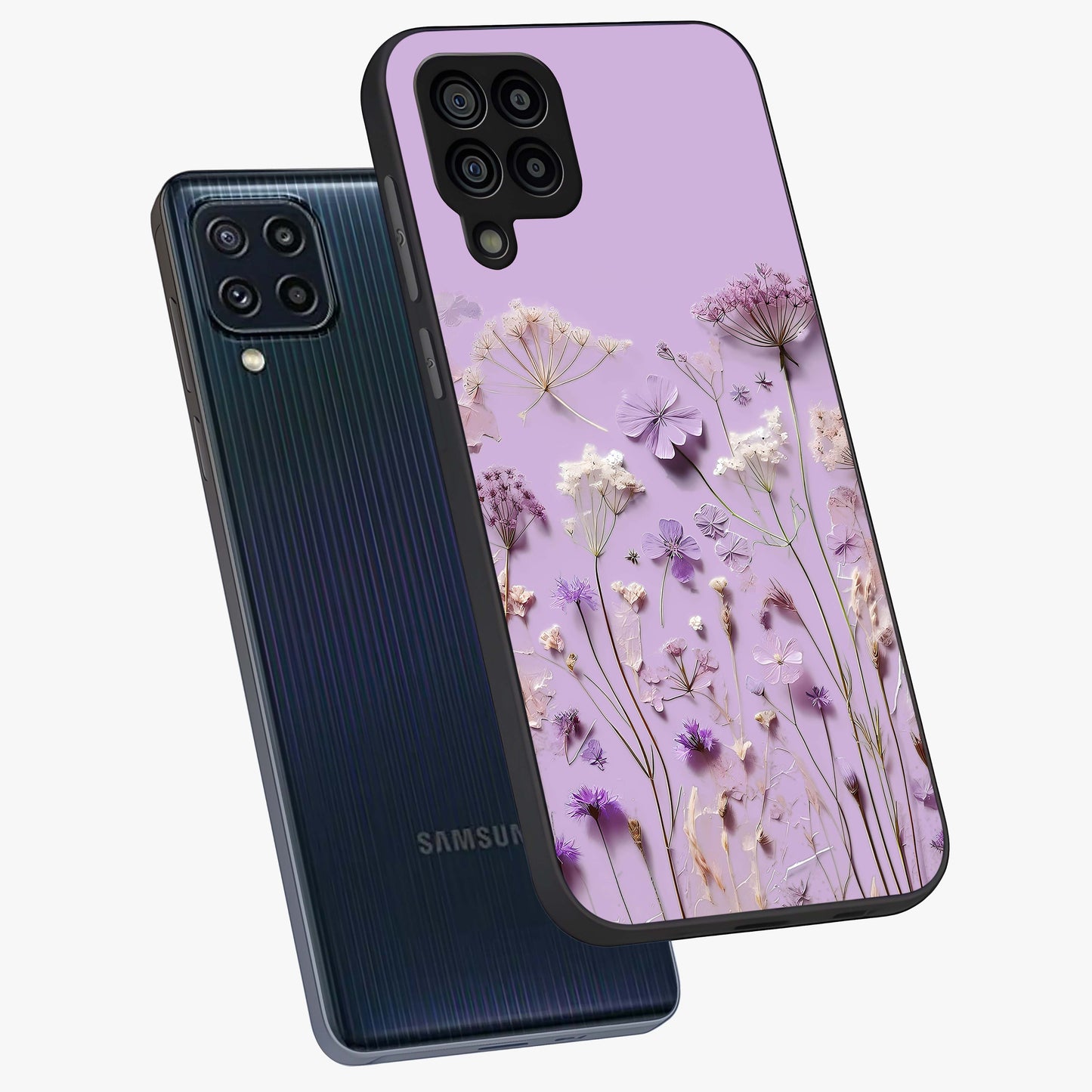 Lavender Blossom Dream Glass Case displayed in angled mockup highlighting dreamy lavender flower design with calming aesthetic style.